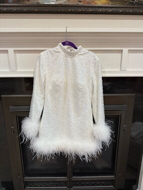 Untamed Petals White Sequin Feather Trim Long Sleeve Mini Dress
